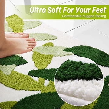vizoe Bathroom Rugs Non Slip Bath Mat, Fluffy Microfiber Bath Mats Water Absorbent Green Bathroom Rug, Machine Washable Leaves Bath Rugs for Bathroom Floor Shower and Bathtub