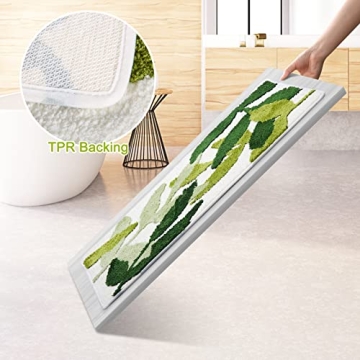 vizoe Bathroom Rugs Non Slip Bath Mat, Fluffy Microfiber Bath Mats Water Absorbent Green Bathroom Rug, Machine Washable Leaves Bath Rugs for Bathroom Floor Shower and Bathtub