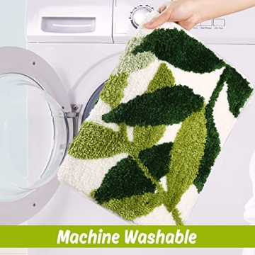 vizoe Bathroom Rugs Non Slip Bath Mat, Fluffy Microfiber Bath Mats Water Absorbent Green Bathroom Rug, Machine Washable Leaves Bath Rugs for Bathroom Floor Shower and Bathtub
