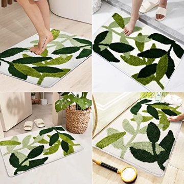 vizoe Bathroom Rugs Non Slip Bath Mat, Fluffy Microfiber Bath Mats Water Absorbent Green Bathroom Rug, Machine Washable Leaves Bath Rugs for Bathroom Floor Shower and Bathtub