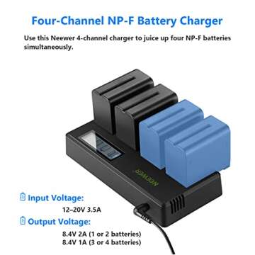 Neewer 4-Pack 7.4V 6600mAh NP-F970 Replacement Batteries with 4-Channel Battery Charger & Power Adap...