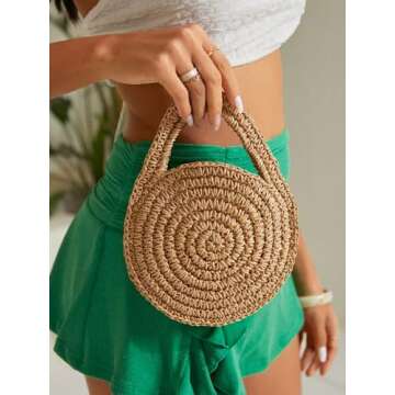 WDIRARA Round Straw Mini Clutch Bags Retro Summer Beach Handbag Top Handle Tote Bag Brown One-Size