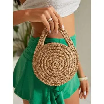WDIRARA Round Straw Mini Clutch Bags Retro Summer Beach Handbag Top Handle Tote Bag Brown One-Size