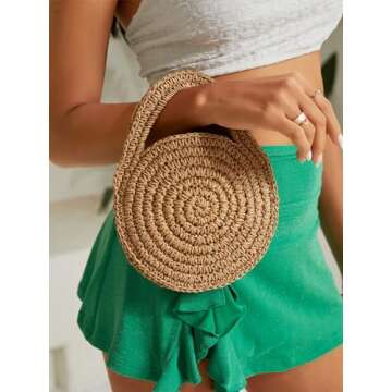 WDIRARA Round Straw Mini Clutch Bags Retro Summer Beach Handbag Top Handle Tote Bag Brown One-Size
