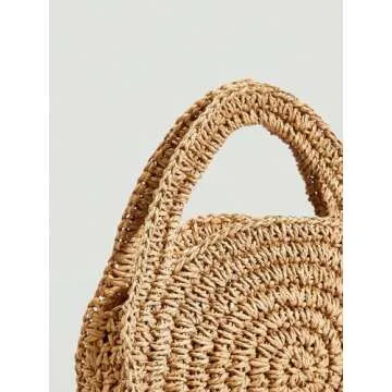 WDIRARA Round Straw Mini Clutch Bags Retro Summer Beach Handbag Top Handle Tote Bag Brown One-Size
