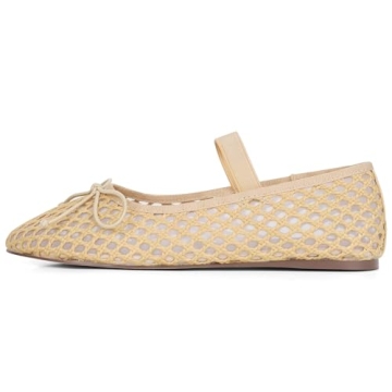 AMINUGAL Raffia Ballet Flats Shoes for Women Mesh Mary Jane Flats Bows Round Toe Ballerina Flats Espadrilles Fishnet Flats Shoes Women Dressy Comfortable Retro Casual Stretch Band Shoes Size 7.5