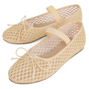 AMINUGAL Raffia Ballet Flats Shoes for Women Mesh Mary Jane Flats Bows Round Toe Ballerina Flats Espadrilles Fishnet Flats Shoes Women Dressy Comfortable Retro Casual Stretch Band Shoes Size 7.5