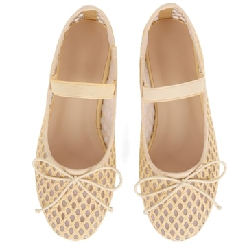 AMINUGAL Raffia Ballet Flats Shoes for Women Mesh Mary Jane Flats Bows Round Toe Ballerina Flats Espadrilles Fishnet Flats Shoes Women Dressy Comfortable Retro Casual Stretch Band Shoes Size 7.5