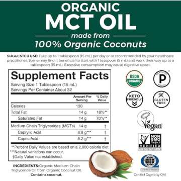 Viva Naturals Organic MCT Oil 16 fl oz - Best MCT Oil Organic for Coffee, MCT Coconut Oil Supports E...