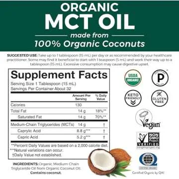 Viva Naturals Organic MCT Oil 16 fl oz - Best MCT Oil Organic for Coffee, MCT Coconut Oil Supports E...