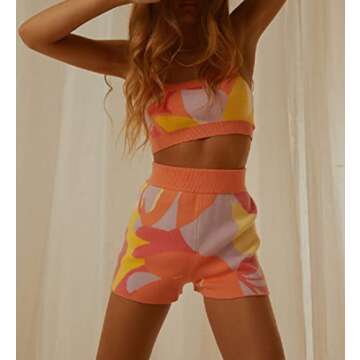 Argeousgor Women Knit Print 2 Piece Shorts Sets Sleeveless Crop Cami High Waist Stretchy Shorts Outfits Y2k Trendy Streetwear