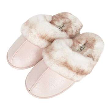 Jessica Simpson Women's Comfy Faux Fur House Slipper Scuff Memory Foam Slip on Anti-Skid Sole, Pink, X-Large