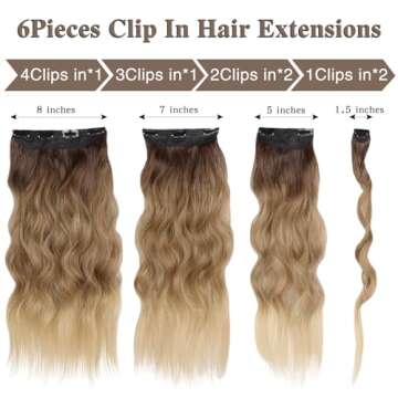 WECAN Clip in Hair Extension 24 Inch Omber Blonde 6PCS Long Wavy Curly Hairpieces for Women Natural ...