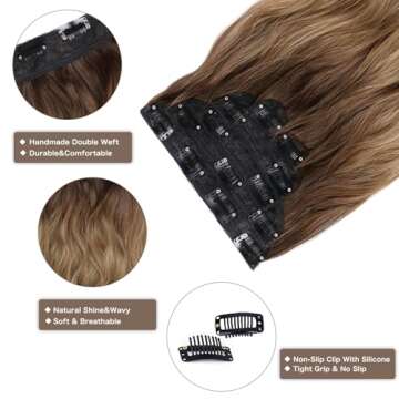 WECAN Clip in Hair Extension 24 Inch Omber Blonde 6PCS Long Wavy Curly Hairpieces for Women Natural Thick Synthetic Fiber Double Weft Hair Full Head