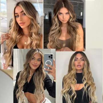 WECAN Clip in Hair Extension 24 Inch Omber Blonde 6PCS Long Wavy Curly Hairpieces for Women Natural Thick Synthetic Fiber Double Weft Hair Full Head