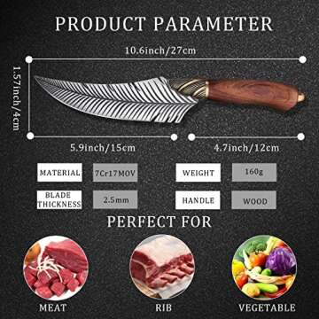 Dream Reach Feather Viking Boning Knife, 6 Inch Professional Viking Knife Meat Cleaver Full Tang Forged Kitchen Cooking Knife with Sheath Gift Box for Outdoor Camping Thanksgiving Christmas Gifts