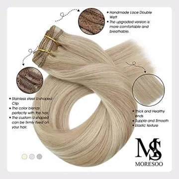 Moresoo Clip in Human Hair Extensions 22 inch Highlight Blonde Human Hair Extensions Clip ins Ash Blonde with Blonde Double Weft Clip in Hair Extensions Real Human Hair Full Head 7Pieces 120G