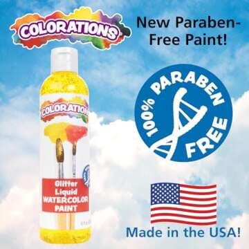 Colorations Paraben-Free Glitter Liquid Watercolor Paint, Set of 8 Vibrant Colors, 8 fl oz, Non-Toxi...