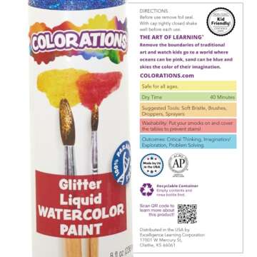 Colorations Paraben-Free Glitter Liquid Watercolor Paint, Set of 8 Vibrant Colors, 8 fl oz, Non-Toxic and Made in The USA