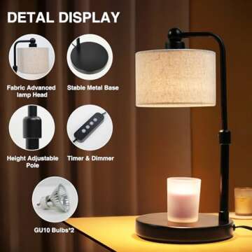 Candle Warmer Lamp with Timer, Dimmable Candle Wax Warmer, Height Adjustable Electric Candle Lamp Warmer with 2 Bulbs, Birthday Gifts for Women Her, Mom Gifts Idea, Vintage Home Decor for Bedroom