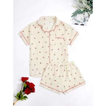 Verdusa Women's 2 Piece Pajama Set Matching Pjs Sets Cute Printed Sleepwear Button Up Shirt with Lou...