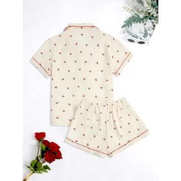 Verdusa Women's 2 Piece Pajama Set Matching Pjs Sets Cute Printed Sleepwear Button Up Shirt with Lounge Shorts Set Apricot Small