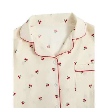 Verdusa Women's 2 Piece Pajama Set Matching Pjs Sets Cute Printed Sleepwear Button Up Shirt with Lounge Shorts Set Apricot Small