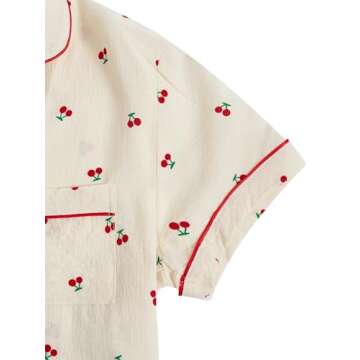 Verdusa Women's 2 Piece Pajama Set Matching Pjs Sets Cute Printed Sleepwear Button Up Shirt with Lounge Shorts Set Apricot Small