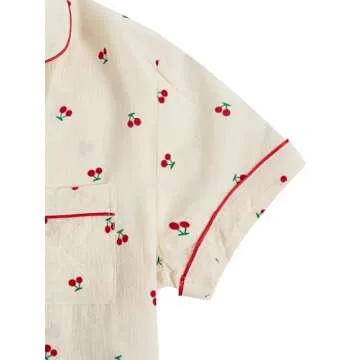 Verdusa Women's 2 Piece Pajama Set Matching Pjs Sets Cute Printed Sleepwear Button Up Shirt with Lounge Shorts Set Apricot Small