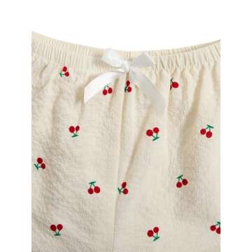 Verdusa Women's 2 Piece Pajama Set Matching Pjs Sets Cute Printed Sleepwear Button Up Shirt with Lounge Shorts Set Apricot Small