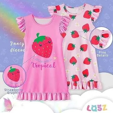 LQSZ Girls Nightgowns Nightdress Nightie Strawberry Sleepwear Pajamas Flutter Cute Short Strawberry Sleeves Nightgown for Little Girls 5t Size 6
