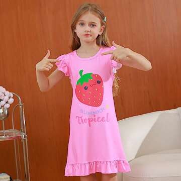 LQSZ Girls Nightgowns Nightdress Nightie Strawberry Sleepwear Pajamas Flutter Cute Short Strawberry Sleeves Nightgown for Little Girls 5t Size 6