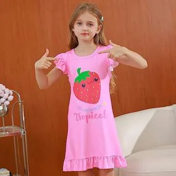 LQSZ Girls Nightgowns Nightdress Nightie Strawberry Sleepwear Pajamas Flutter Cute Short Strawberry Sleeves Nightgown for Little Girls 5t Size 6