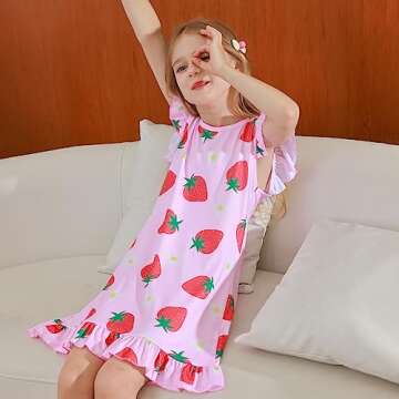 LQSZ Girls Nightgowns Nightdress Nightie Strawberry Sleepwear Pajamas Flutter Cute Short Strawberry Sleeves Nightgown for Little Girls 5t Size 6