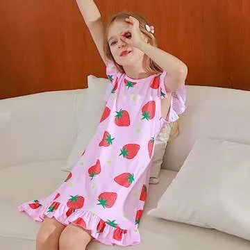 LQSZ Girls Nightgowns Nightdress Nightie Strawberry Sleepwear Pajamas Flutter Cute Short Strawberry Sleeves Nightgown for Little Girls 5t Size 6