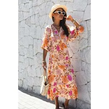 miduo Womens Maxi Dress Casual V Neck Summer Short Sleeve Floral Bohemian Boho Beach Long Dresses Ankle Dresses S