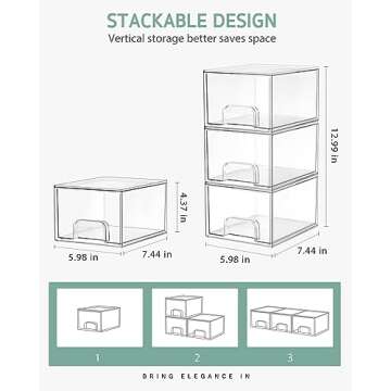 Syntus 3 Piece Set Stackable Makeup Organizers, 4.4'' Tall Acrylic Drawer Organizer, Clear Plastic C...