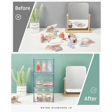 Syntus 3 Piece Set Stackable Makeup Organizers, 4.4'' Tall Acrylic Drawer Organizer, Clear Plastic Cosmetics Storage Drawers for Vanity, Undersink, Bathroom Organizer, Skincare, Kitchen Cabinets