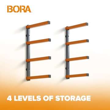 Bora Portamate 4-Level Lumber Rack - Wood Storage Rack and Garage Wall Storage Rack for Indoor/Outdoor Use - Material Rack Wall Mount Storage System and Lumber Storage Rack - PBR-0410, Orange/Gray