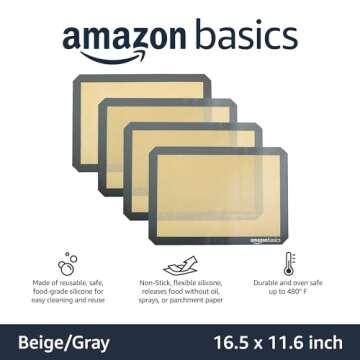 Amazon Basics Silicone, Non-Stick, Food Safe Baking Mat, Pack of 4, Beige/Gray, Rectangular, 16.5" x 11.6"