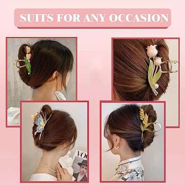 6 Pcs Flower Metal Claw Hair Accessories for Women & Girls - Large Tulip Nonslip Styles, Strong Hold Matte Claws for Long, Thick & Thin Hair