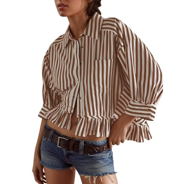 Ymejia Womens 3/4 Length Sleeve Striped Button Down Shirt Loose Fit Drop Shoulder Trendy Ruffle Hem ...