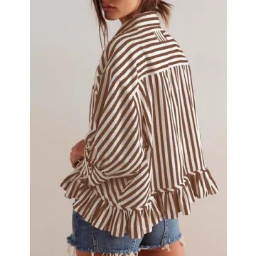 Ymejia 3/4 Sleeve Striped Button Down Blouse for Women