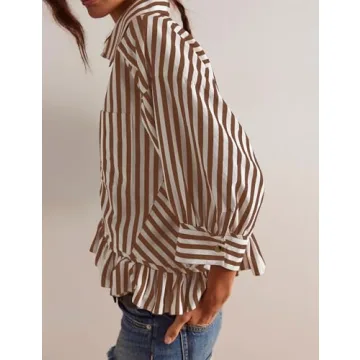 Ymejia 3/4 Sleeve Striped Button Down Blouse for Women