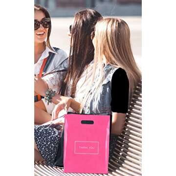 Purple Q Crafts Pink Die Cut Plastic Shopping Bags with Thank You Logo 9" x 12" Boutique Bags with Handles 50 Pack for Merchandise, Gifts, Trade Shows and More