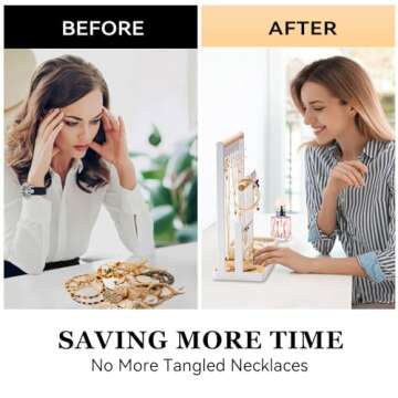 DreamGenius Jewelry Organizer Stand with Velvet Ring Holder, 4 Tier Jewelry Holder Organizer with 15 Hooks for Necklaces and 16 Holes for Earrings, White