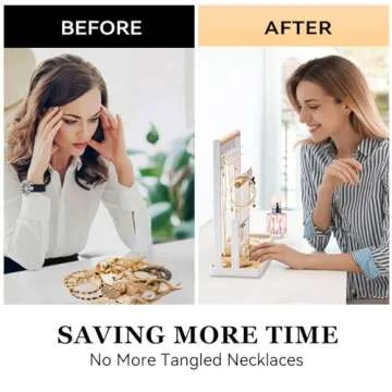 DreamGenius Jewelry Organizer Stand with Velvet Ring Holder, 4 Tier Jewelry Holder Organizer with 15 Hooks for Necklaces and 16 Holes for Earrings, White