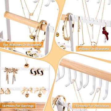 DreamGenius Jewelry Organizer Stand with Velvet Ring Holder, 4 Tier Jewelry Holder Organizer with 15 Hooks for Necklaces and 16 Holes for Earrings, White