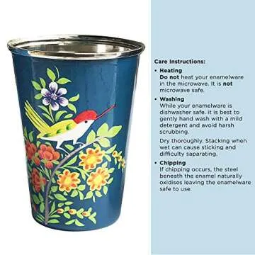 Blue Floral Stainless Steel Tumbler Set, Hand-Painted Enamel, use for camping, in your RV, or wherever you need an eco alternative to throw away cups