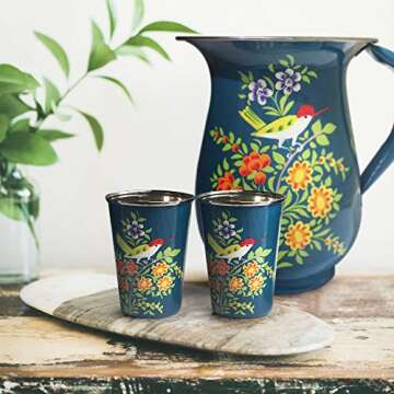 Blue Floral Stainless Steel Tumbler Set, Hand-Painted Enamel, use for camping, in your RV, or wherever you need an eco alternative to throw away cups
